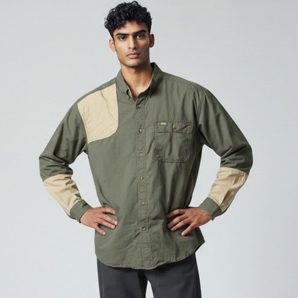 Gander Mountain Green Tan Heavyweight Hunting Shirt 2XL Quilted Shoulder